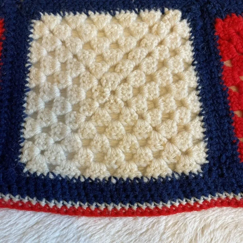 Handmade Crocheted Granny Square Afghan Throw Lap Blanket Red Cream Blue 55x41”